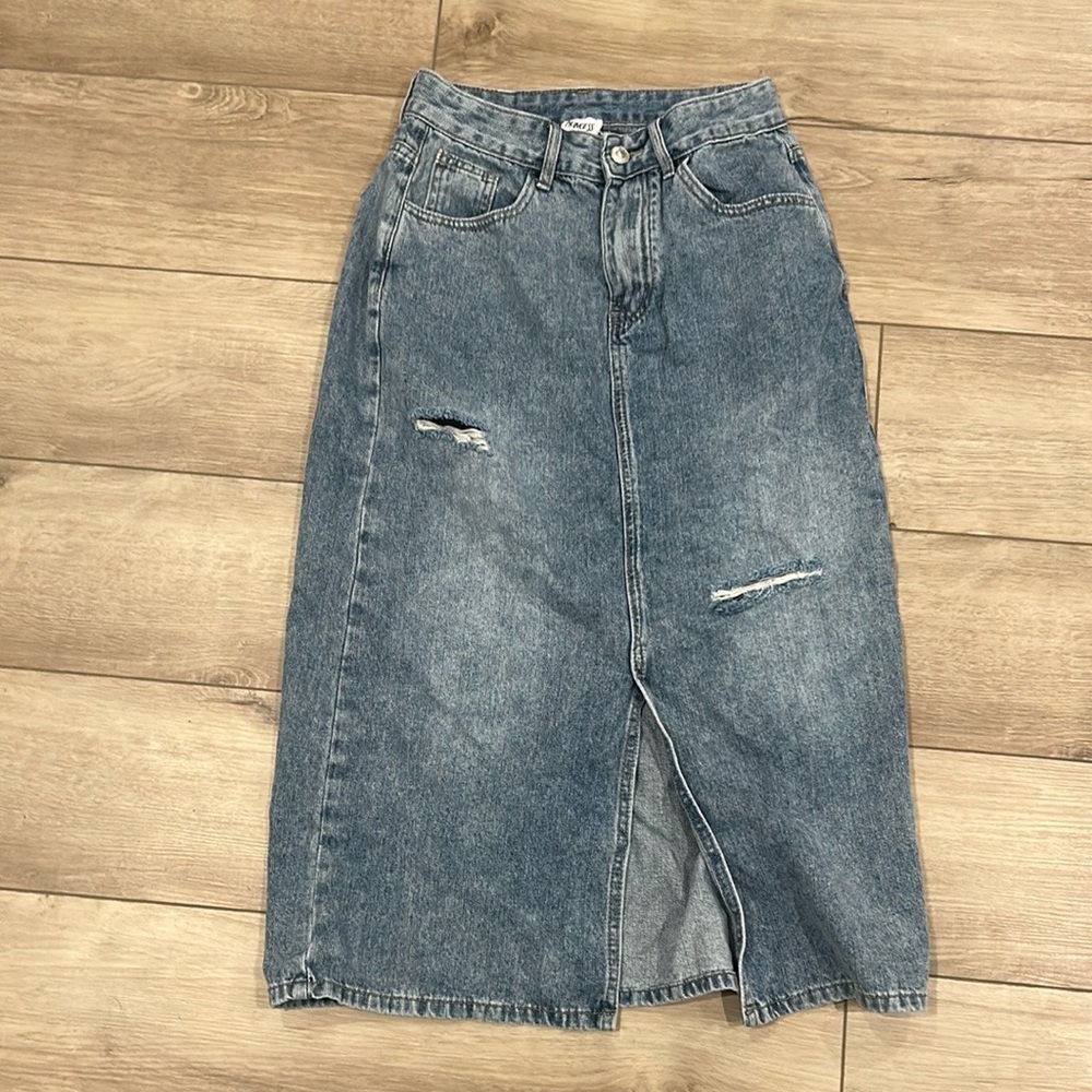 PRINCESS POLLY BELSIE MIDI SKIRT LIGHT WASH DENIM